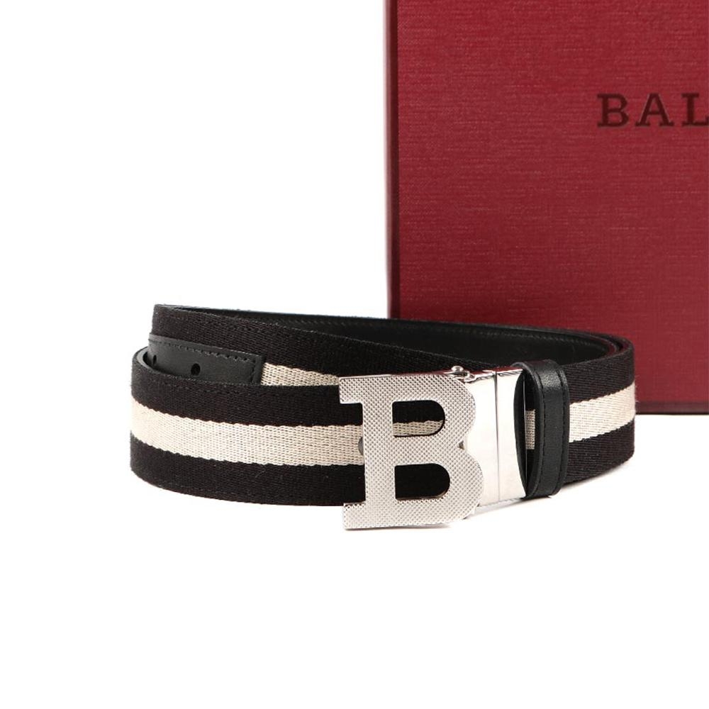 BALLY B BUCKLE 35 B字母釦黑白織帶雙面用黑牛皮腰帶