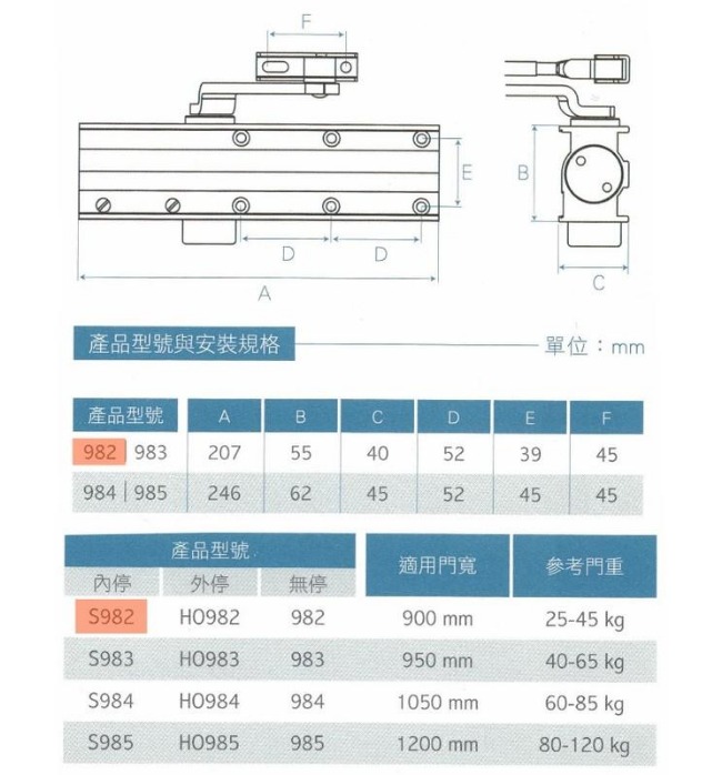 加安牌 S982超薄型 內停檔 自動門弓器 門寬90cm