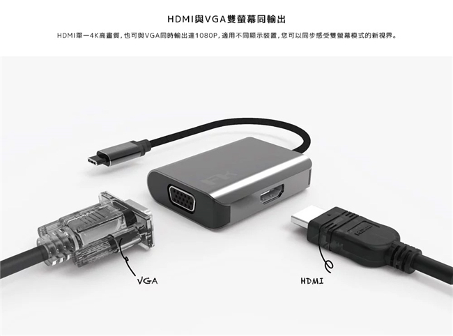 Feeltek 2 in 1 Type-C to MDMI+VGA 影音轉接器