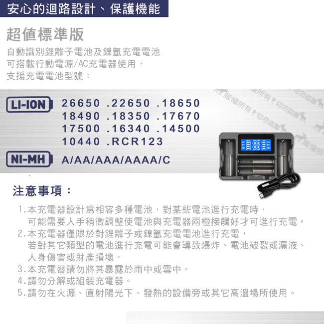 日本松下 NCR18650B 3350mAh認證版凸頭鋰電池2入+LCD液晶四槽充電器