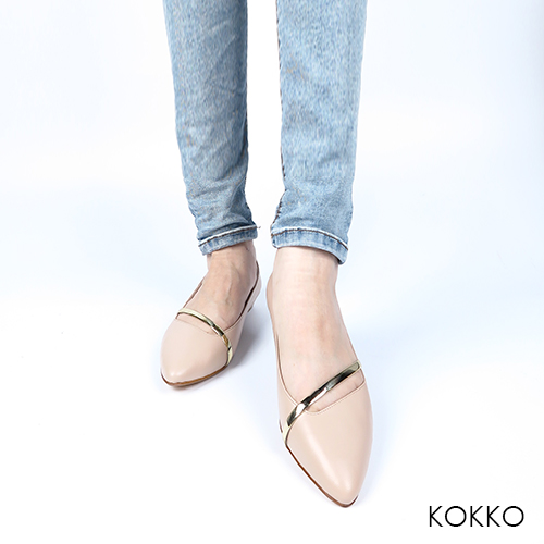 KOKKO - 輕奢女神金屬尖頭楔型真皮鞋-裸