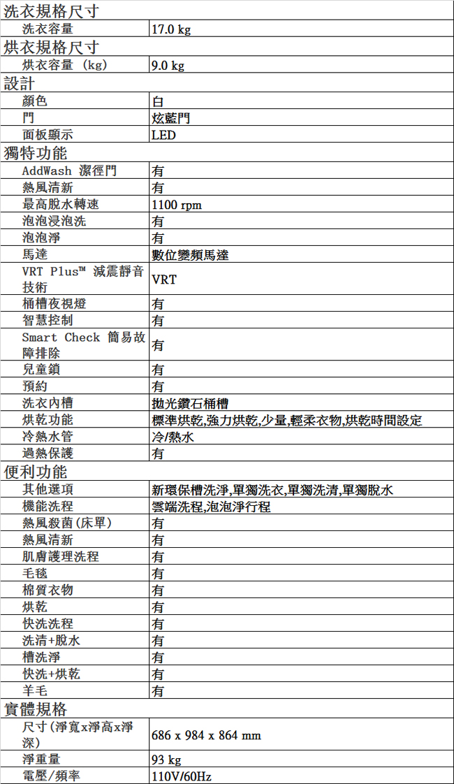 SAMSUNG三星 17KG 變頻滾筒洗脫烘洗衣機 WD17N7510KW/TW 亮麗白