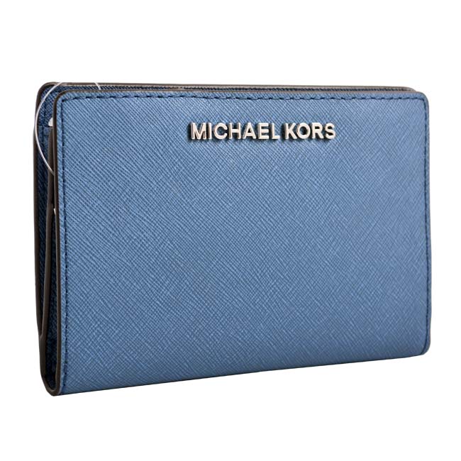 MICHAEL KORS JET SET銀字LOGO防刮皮革證件卡夾(附名片夾)-淡藍