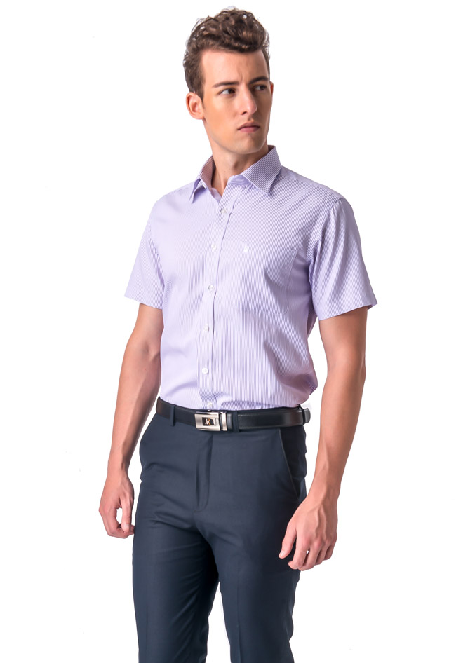 金‧安德森 紫色條紋窄版短袖襯衫
