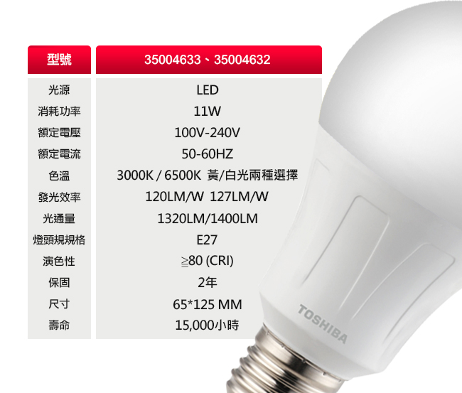 TOSHIBA東芝 11W廣角型LED燈泡/高效球泡燈-白光4入