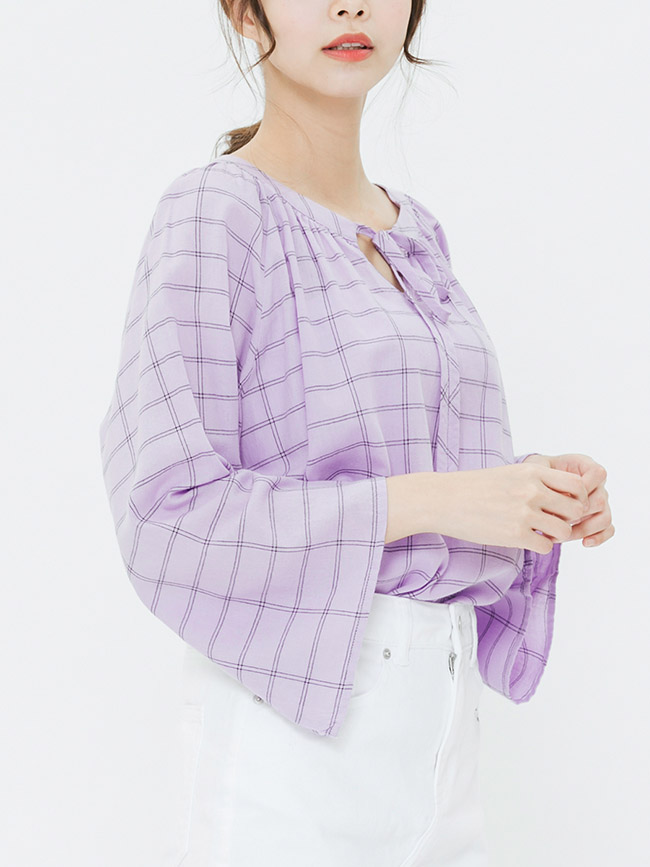 H:CONNECT 韓國品牌 女裝-甜美感綁結格子上衣-紫