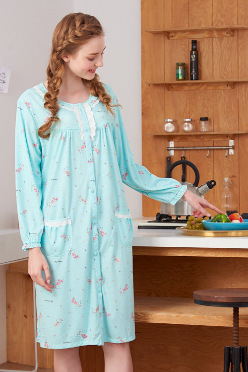 睡衣 繽紛派對 針織棉長袖連身睡衣(R75207-4湖水綠) 蕾妮塔塔