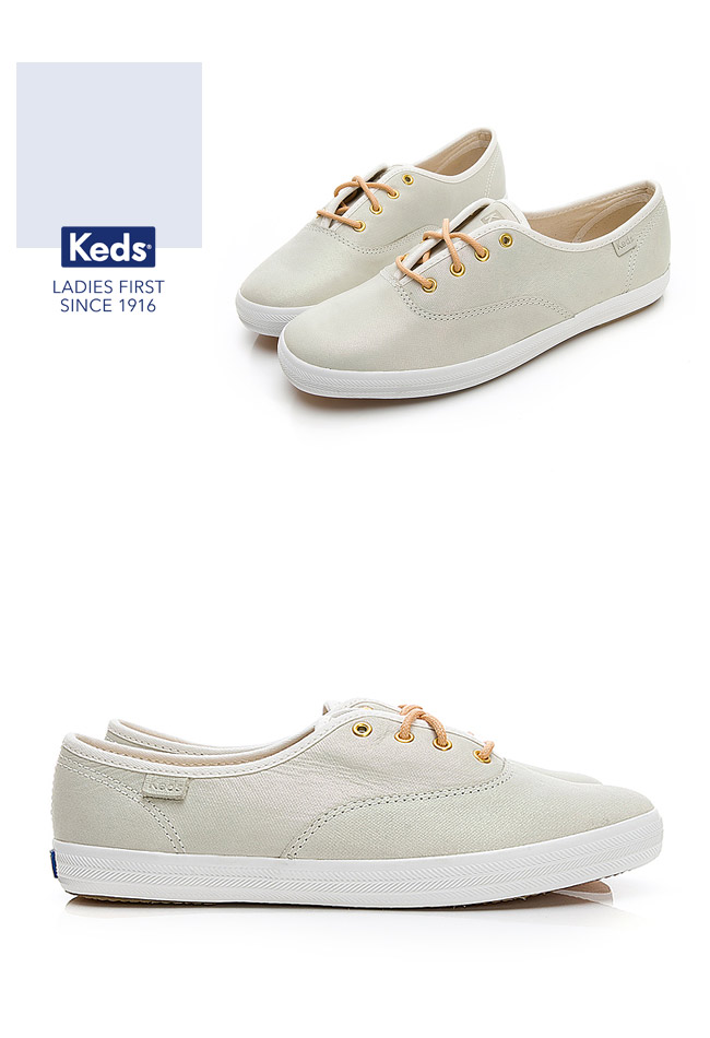 Keds CHAMPION 珠光皮革綁帶休閒鞋-米白