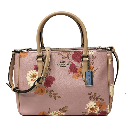 COACH 經典LOGO PVC皮革花卉手提斜背兩用方包托特包(中款-花卉粉)