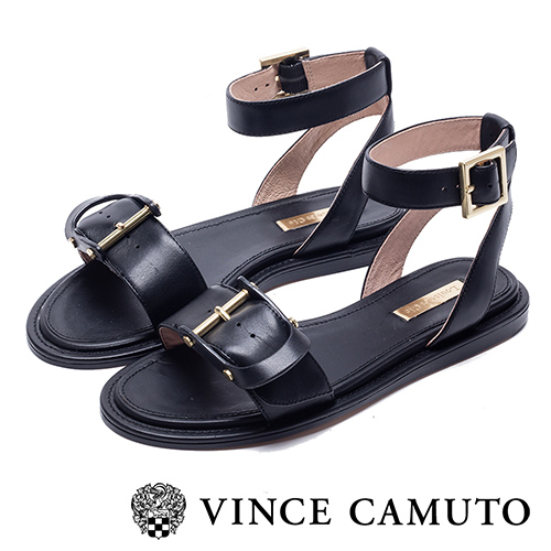 Louise et Cie 金屬釦寬版繞踝平底涼鞋-黑色