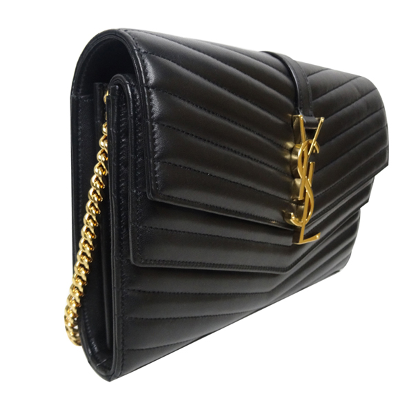 YSL SULPICE羊皮金釦山型紋雙層蓋鏈包(黑色)