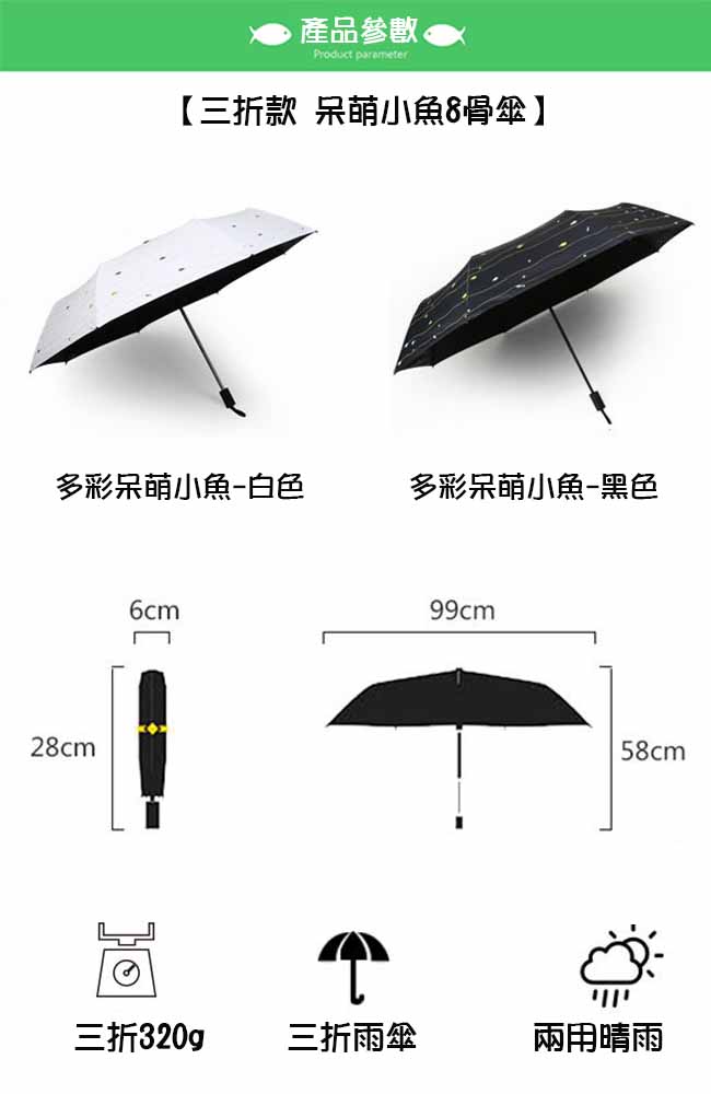 呆萌魚黑膠遮陽三折晴雨傘(CS-UB03)