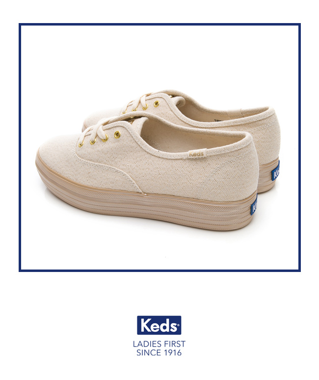 Keds TRIPLE 金蔥帆布綁帶厚底休閒鞋-米/金