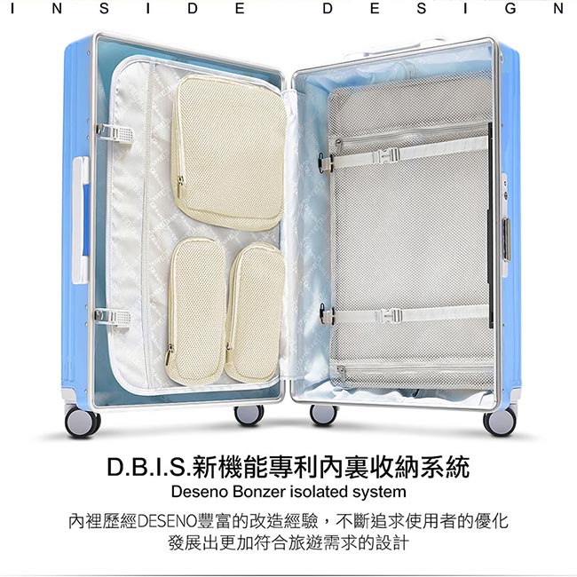 Deseno 法式工藝陶瓷款20吋PC光鏡細鋁框行李箱-藍綠