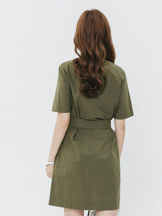 H:CONNECT 韓國品牌 女裝-雙排扣綁結V領洋裝-綠