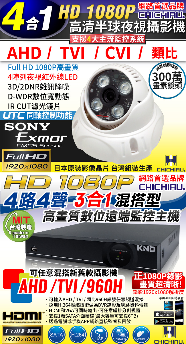 奇巧 4路1080P台製KND單硬碟款主機-含SONY 200萬半球型攝影機x4