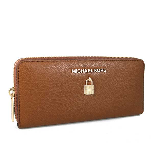 MICHAEL KORS Adele金字Logo鎖頭配飾全皮革ㄇ型拉鏈長夾(馬鞍棕色)