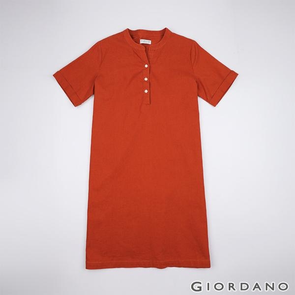 GIORDANO 女裝自然棉麻系列亨利領短袖連身裙-25 夕陽紅