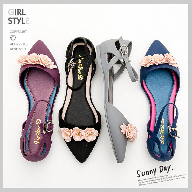 River&Moon防水鞋-晴雨二穿Q軟花花繫踝尖頭平底鞋-灰