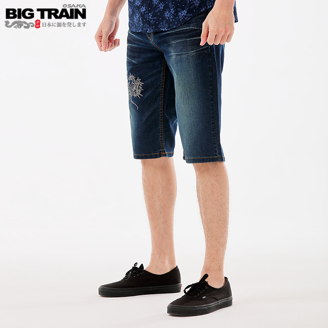 BigTrain 加大跨版海龍刺繡配布五分褲-男-深藍