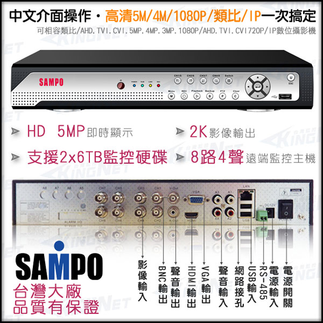 監視器攝影機 - KINGNET 聲寶主機 1440P 8路4聲 監控主機五合一高清混合機