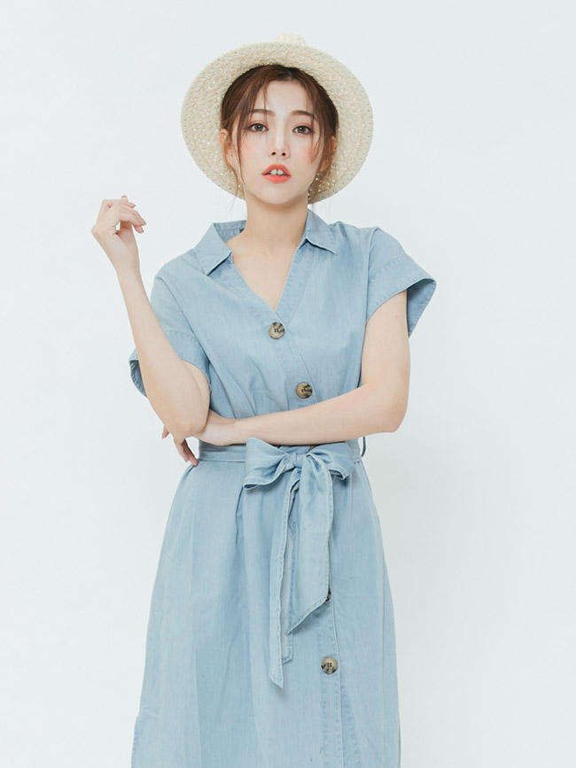 H:CONNECT 韓國品牌 女裝-造型排扣綁結洋裝-藍