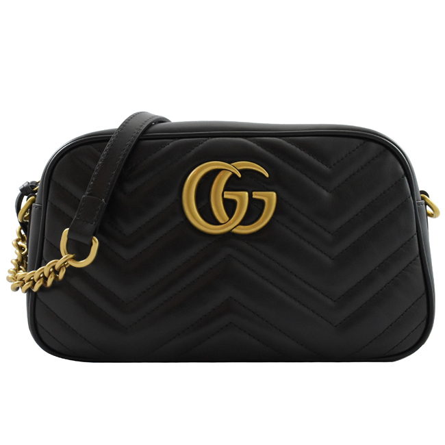 GUCCI Marmont縫線牛皮金屬GG LOGO斜背相機包(黑/24cm)