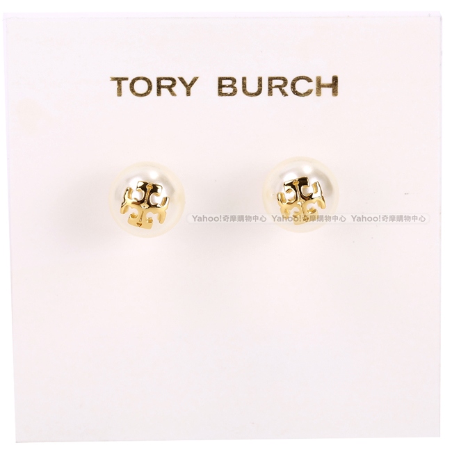 TORY BURCH Crystal-Pearl 施華洛世奇水晶珍珠穿釦式耳環(米白x金)