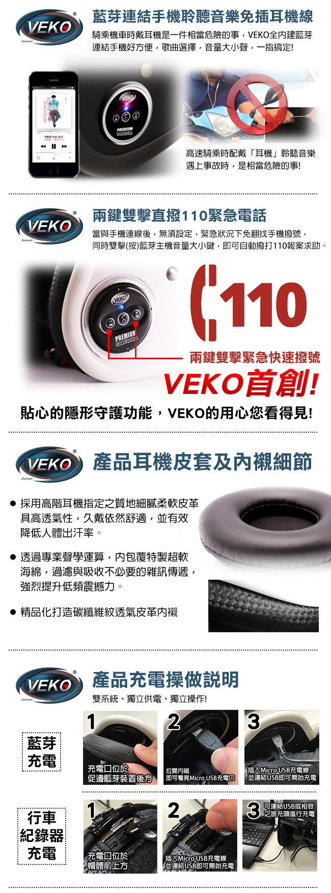 VEKO二代隱裝式1080i行車紀錄器+內建雙聲道藍芽通訊安全帽(珠光白)