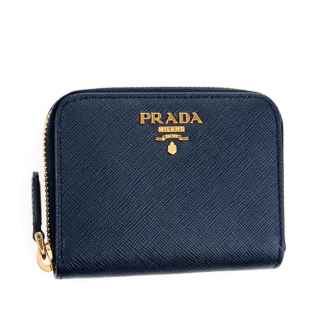 PRADA 經典Saffiano 金字LOGO十字紋牛皮拉鍊零錢包 (深藍)