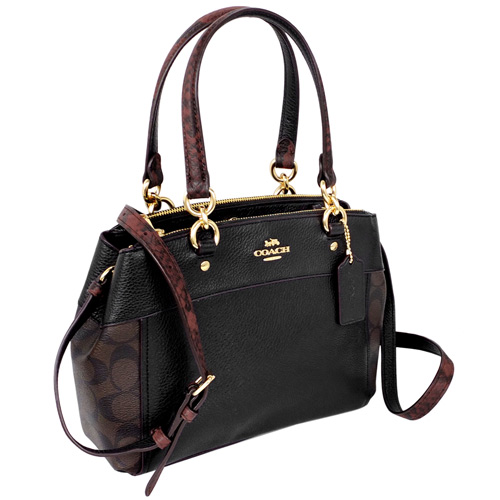 COACH黑色真皮拼接深咖C Logo雙拉鍊袋小款手提/斜背包