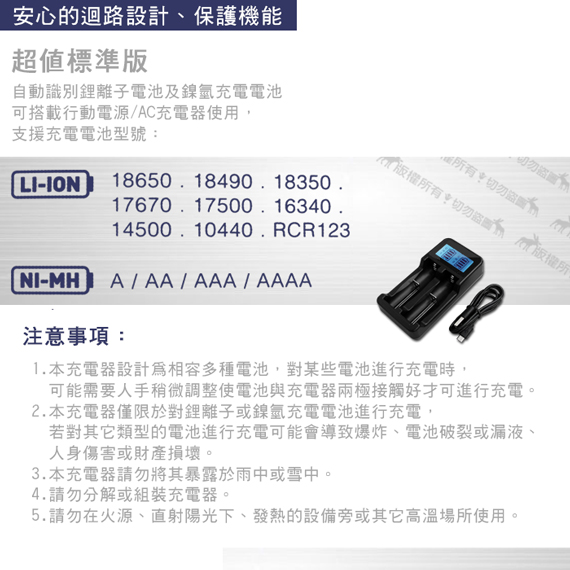 日本松下 NCR18650B 3350mAh認證版凸頭鋰電池+LCD液晶雙槽充電器