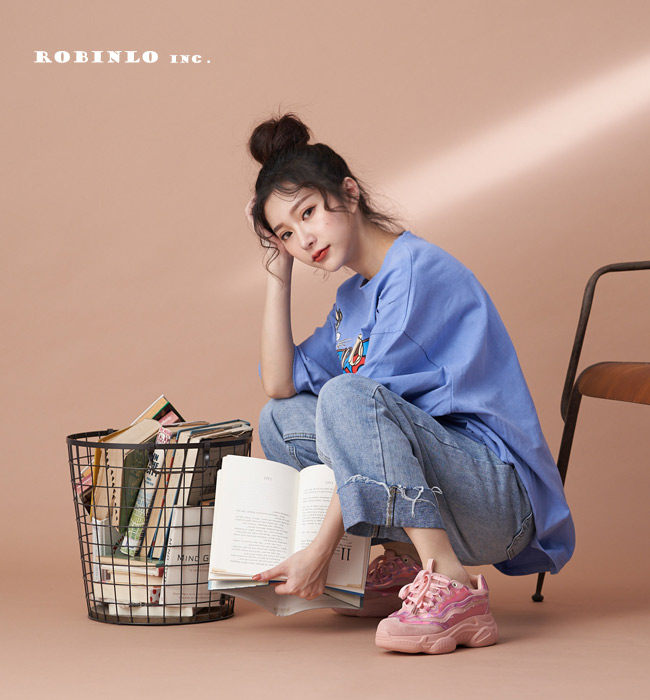 Robinlo 造型絢彩反光厚底老爹鞋 粉
