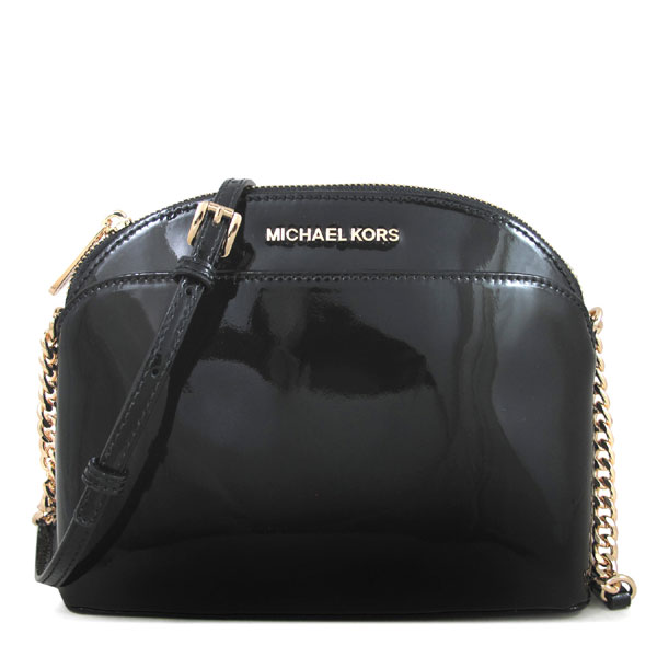 MICHAEL KORS EMMY 金字Logo鏡面皮革前磁扣鏈帶斜背包(黑色)