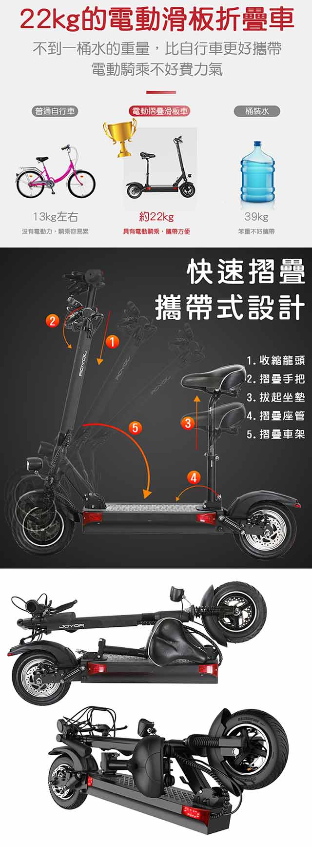 【JOYOR】EY-09A+48V鋰電定速 500W電機大輪徑碟煞電電動滑板車-坐墊版