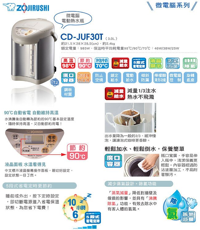 ZOJIRUSHI 象印 3L微電腦電動熱水瓶 CD-JUF30T