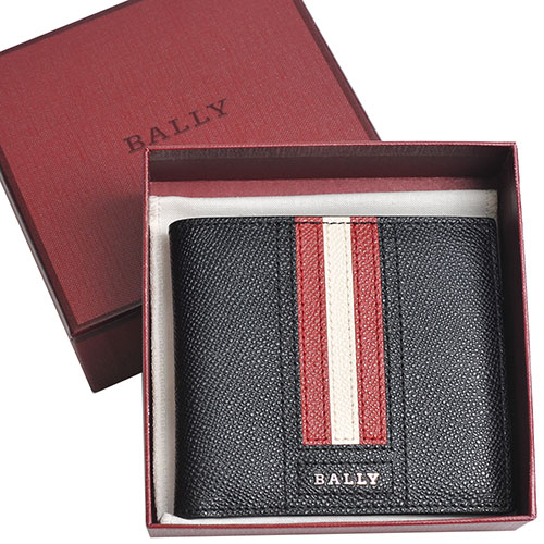 BALLY TRASAI 金屬品牌字母LOGO 紅白條紋八卡短夾(黑)