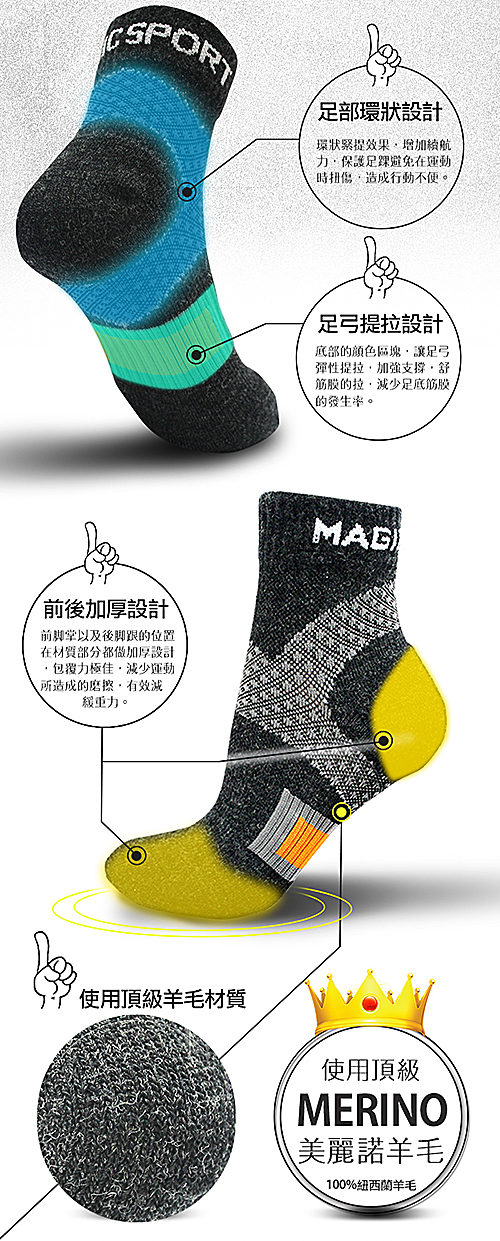 美肌刻 Magicsport 頂級美麗諾 Merino 羊毛運動襪-2雙