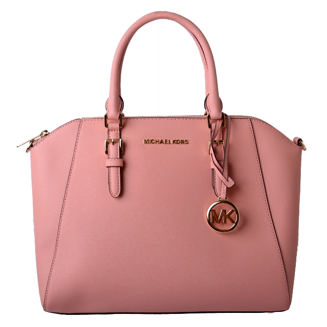 MICHAEL KORS CIARA 金色LOGO素面防刮牛皮扇型包-蜜桃粉(大)