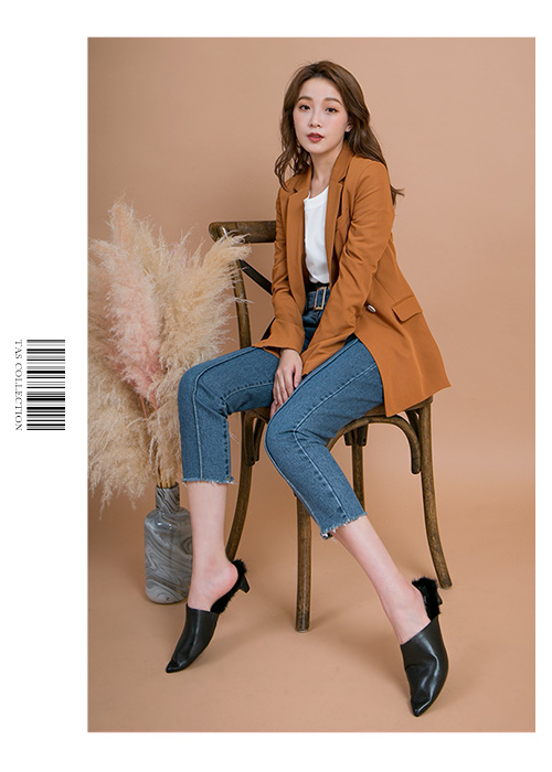 TAS柔軟貂毛素面牛皮粗跟穆勒鞋-時尚黑