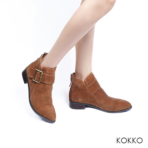 KOKKO-冬日暖意羊麂皮貼腿顯瘦短靴-大地棕