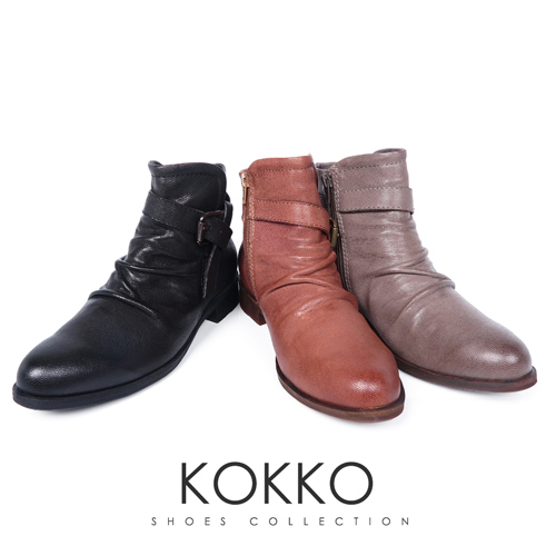 KOKKO-極致品味真皮抓皺平底短靴-紳士灰