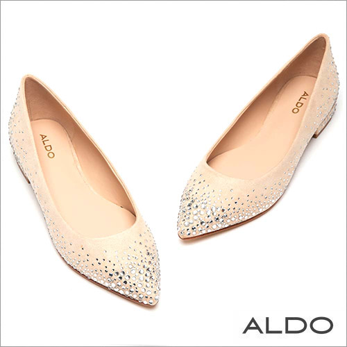 ALDO 原色璀璨金屬銀珠水鑽鑲嵌尖頭粗低跟鞋~氣質裸色