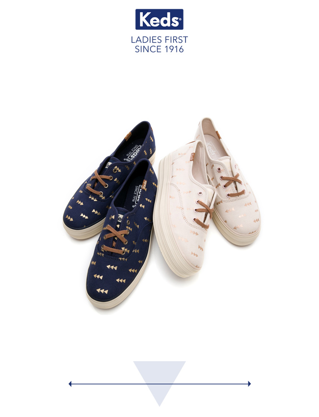 Keds TRIPLE 森林圖騰綁帶厚底休閒鞋-米/金