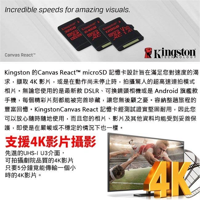 Kingston 金士頓 64G U3 microSDXC V30 A1 記憶卡 SDCR