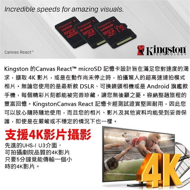 Kingston 金士頓 128G U3 microSDXC V30 A1記憶卡 SDCR
