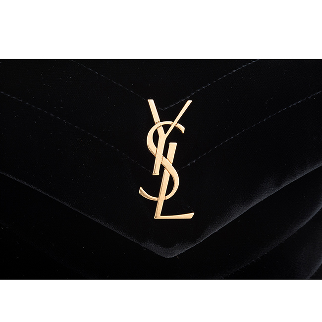 YSL 新款LOULOU金字絲絨材質縫線斜背/肩背包 (黑色/小款)