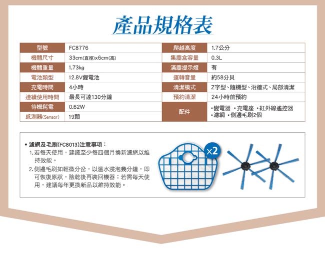 Philips 飛利浦6公分超薄智能掃地機器人FC8776