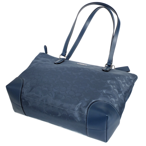 COACH單寧藍C Logo尼龍真皮壓底肩背托特包