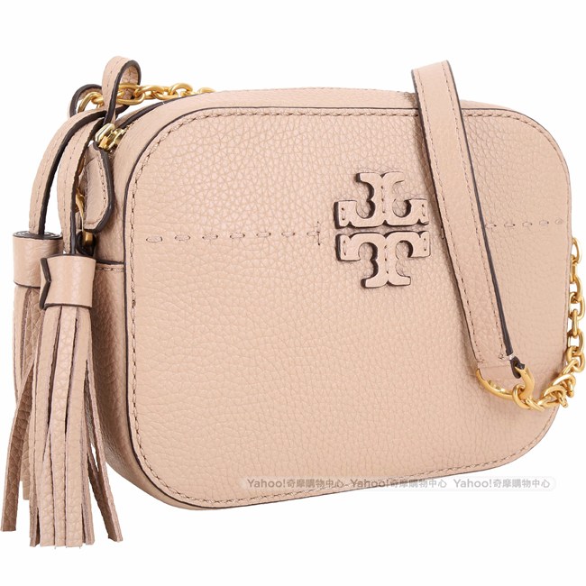 TORY BURCH McGraw 縫線設計流蘇牛皮鍊帶相機包(裸膚色)